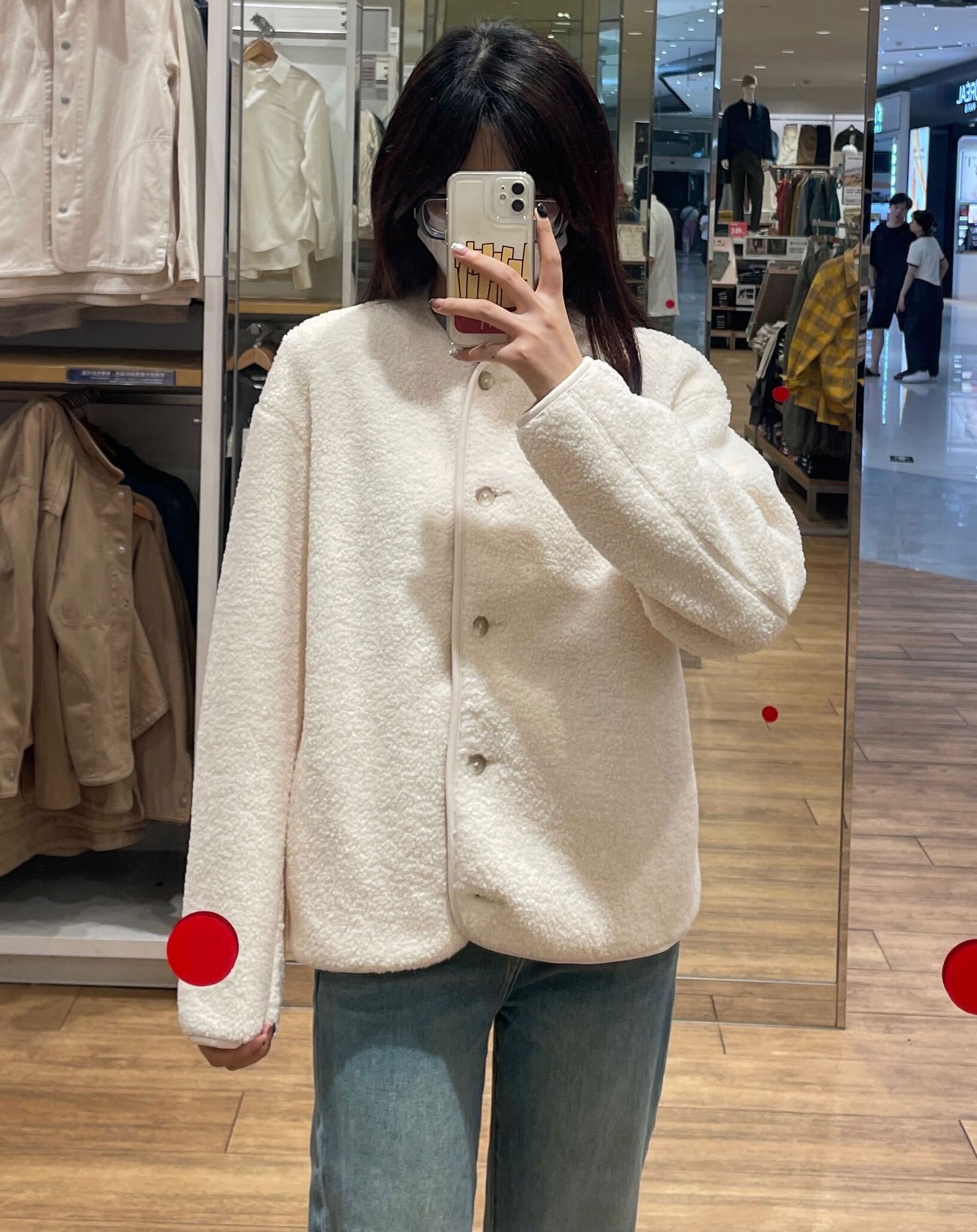 宰搂软糯糯仿羊羔绒摇粒绒圆领开衫长袖绒外套女461660 乳白色 S S