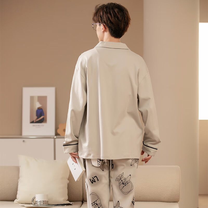 萧淑妃春秋季纯棉开衫男士睡衣可外穿卡通青少年学生大码长袖家居服套装 龙猫 XL