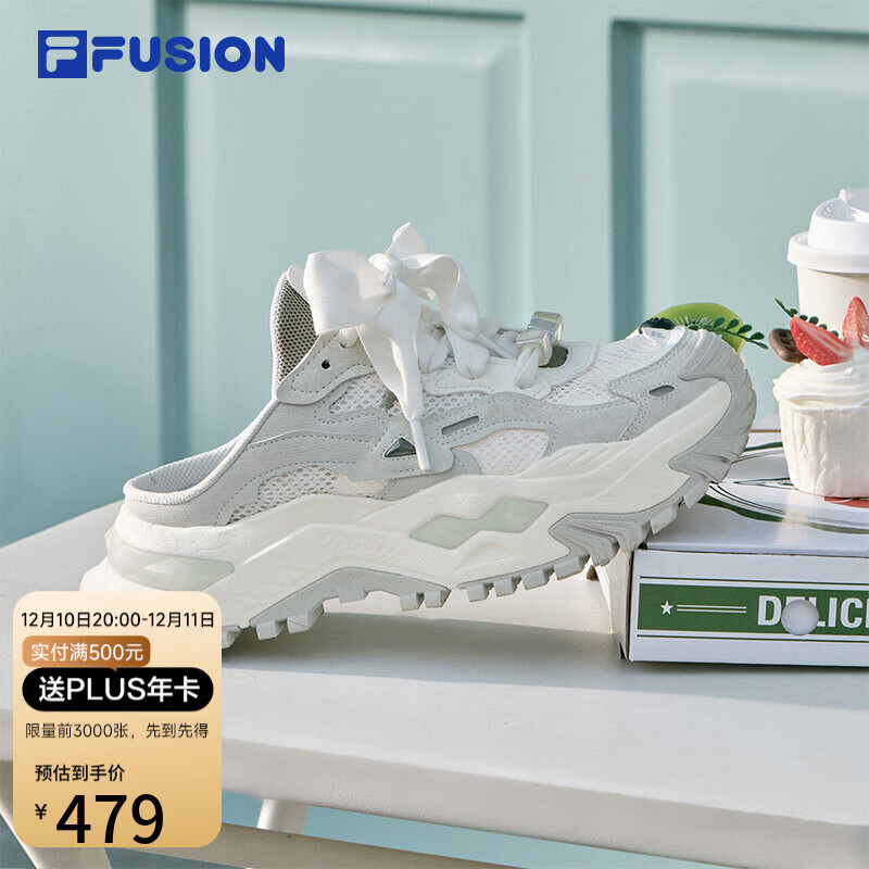 FILA FUSION斐乐潮鞋硬糖穆勒厚底潮鞋休闲运动拖鞋女 雪白/雾珠灰-SF 36