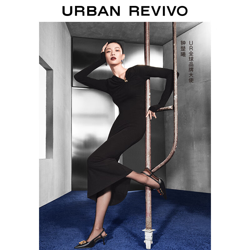 UR【钟楚曦同款】2026春季新款女装金属扣褶皱连衣裙UWG750236 黑色 M