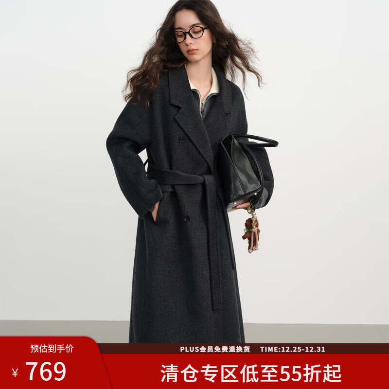 范思蓝恩山羊绒西装双排扣领毛呢外套女2025冬装松弛慵懒简约大衣 深灰色 M