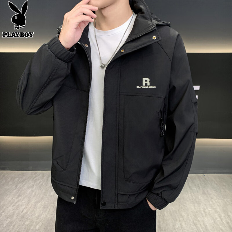 花花公子（PLAYBOY）男士连帽工装夹克春秋季高级感休闲户外薄款冲锋衣男装外套上衣服 HM8611款黑色 2XL