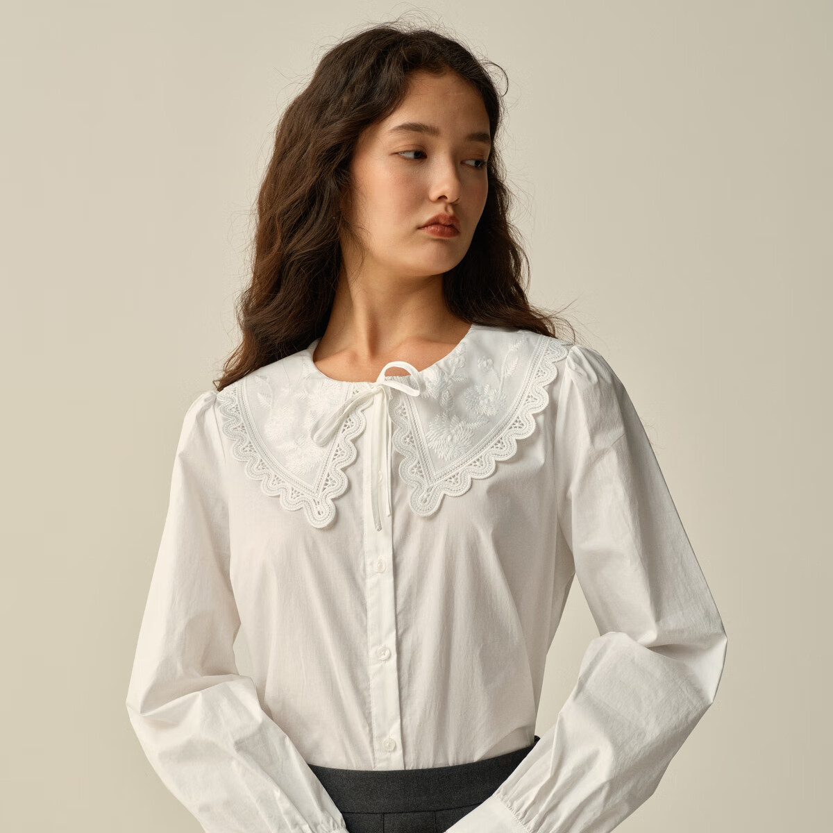 ELAND【100%棉】衣恋衬衫女气质荷叶领长袖上衣2025秋季新款 象牙白/白色(39)Ivory M /165