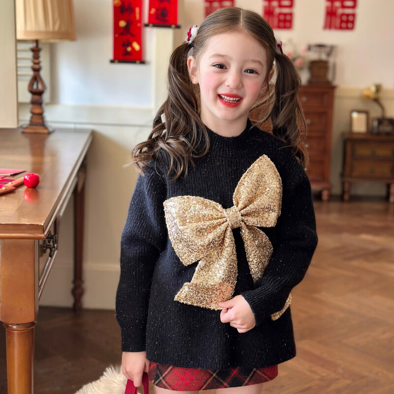 栀了成长记童装女童韩版百搭毛衣2025冬季儿童蝴蝶结亮片针织上衣 黑色 毛衣 100 cm