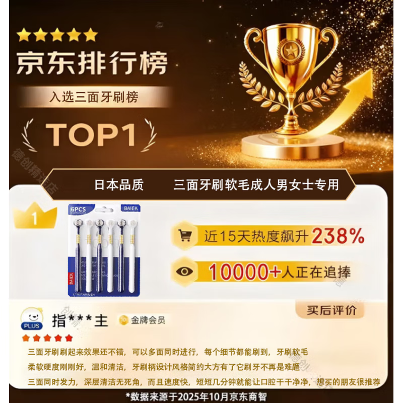 小洁匠选日本品质山姆同款三面牙刷软毛成人男女士专用超软细 【日本技术】三面牙刷 6支
