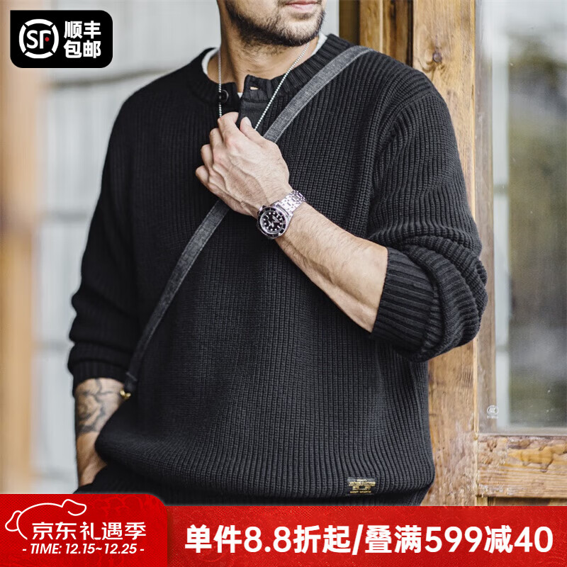 马登工装美式复古竖条纹亨利领毛衣宽松加厚黑色打底针织衫男秋冬 黑色 【毛衣男高级感/毛线衣/针织外套男】 M 【宽松版型,可拍小一码】