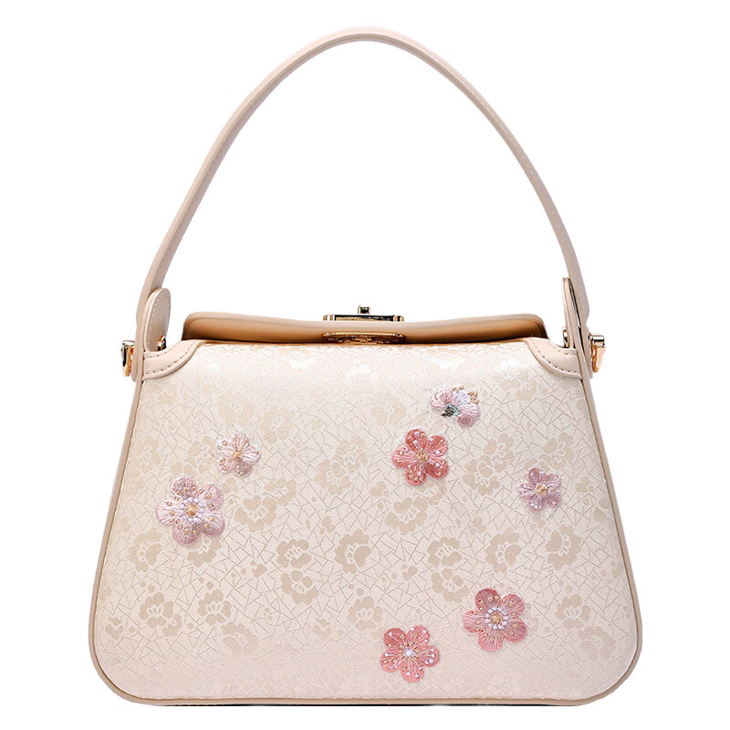 天煦新中式包包刺绣国风手提包牛皮单肩斜挎包旗袍包民族风优雅妈妈包 米白色-绫绢刺绣-送礼盒+礼品袋