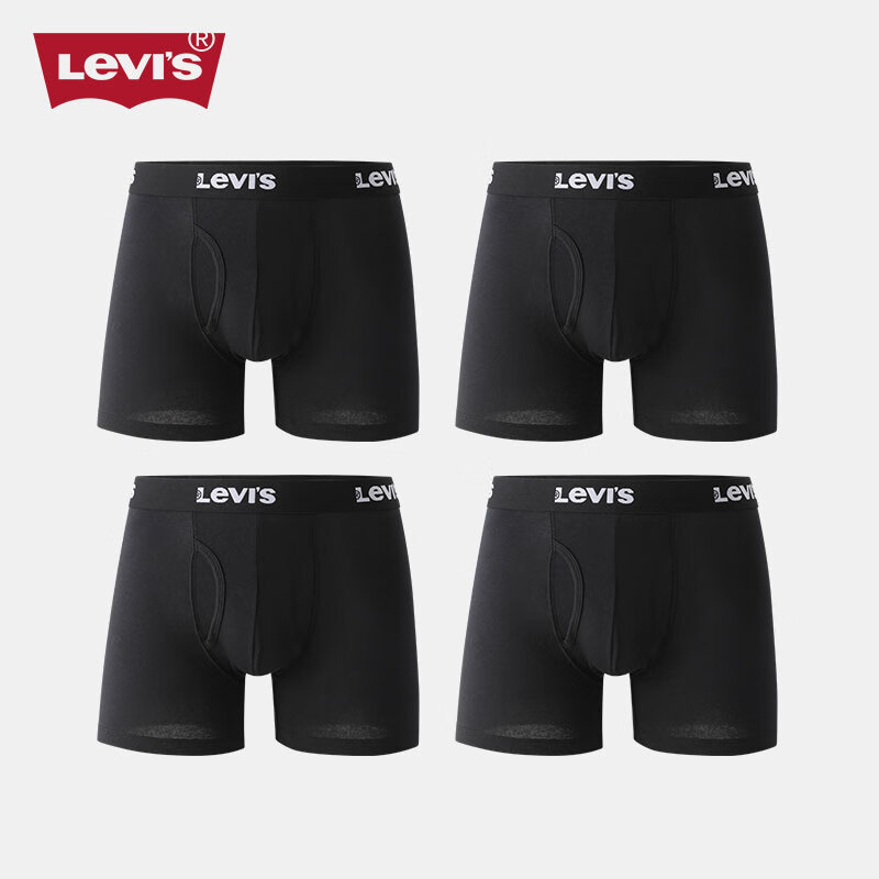 李维斯（Levi's）男士内裤平角高端中腰四角短裤加长运动休闲款透气防摩擦棉质4条 黑色 4条 S 170/76A
