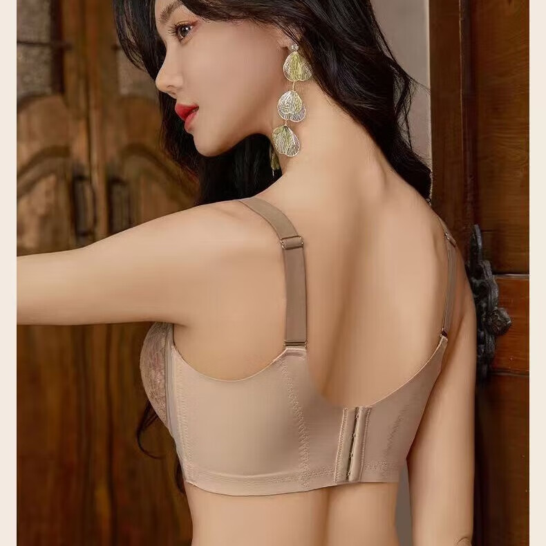 法式性感蕾丝提拉文胸大胸显小内衣女薄款软钢圈防下垂调整型胸罩 肤色 100C 44/100C