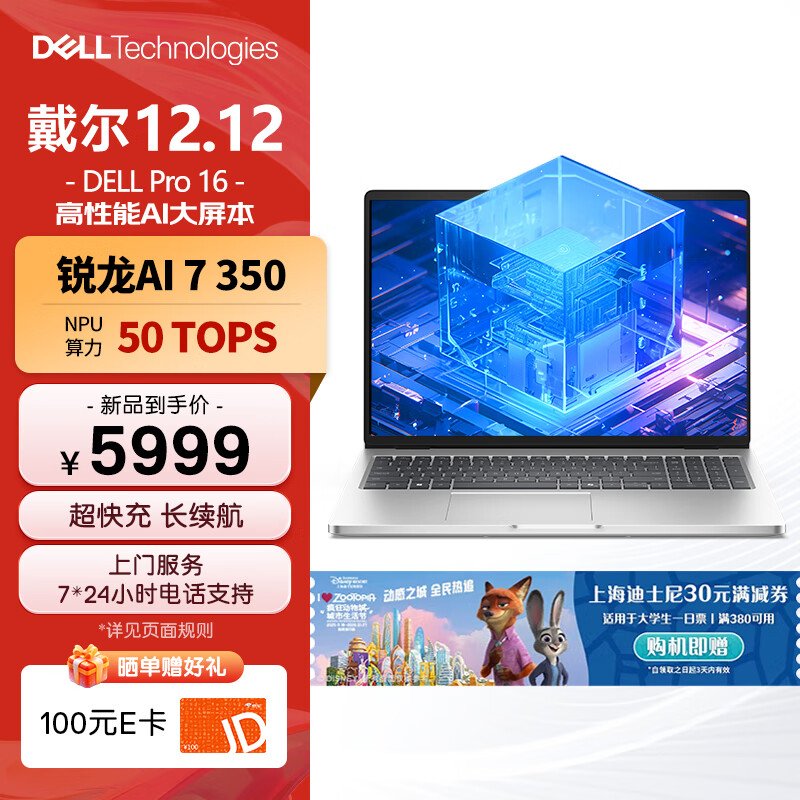 戴尔（DELL）国家补贴Dell Pro 16 锐龙AI笔记本电脑 16英寸大屏高性能 办公学习轻薄本(AMD AI 7-350 32G 1T)