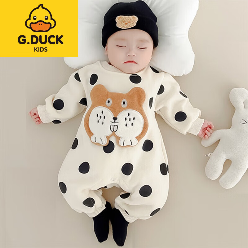 G.duck加绒保暖纯棉男女宝宝连体衣春装秋冬季新生婴儿衣服睡衣外套出穿 白色波点狗 加绒 73