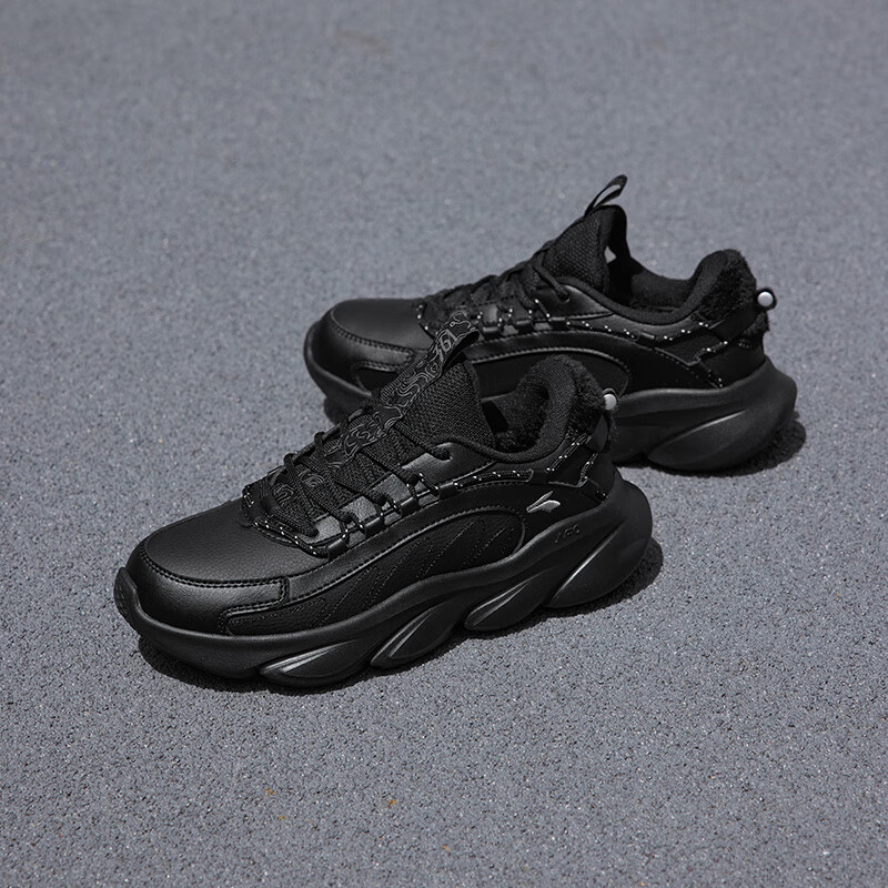 361°加绒板鞋男女冬季革面保暖运动滑板鞋防滑耐磨情侣厚底鞋子棉鞋 曜石黑【女款加绒】 38