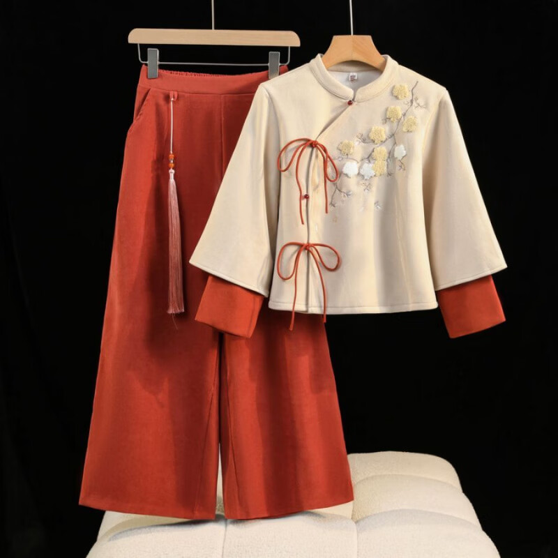 新中式复古国风水墨字印花加绒唐装阔腿裤改良汉服气质茶服套装女 常规雪融花上衣+橘红裤 M