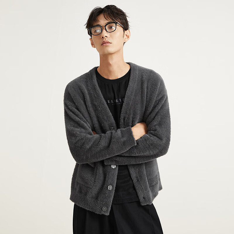 RIVERSTONERS流石男装复古慵懒高端V领针织衫2025新款春季时尚宽松开衫外套 深灰色 S 165_
