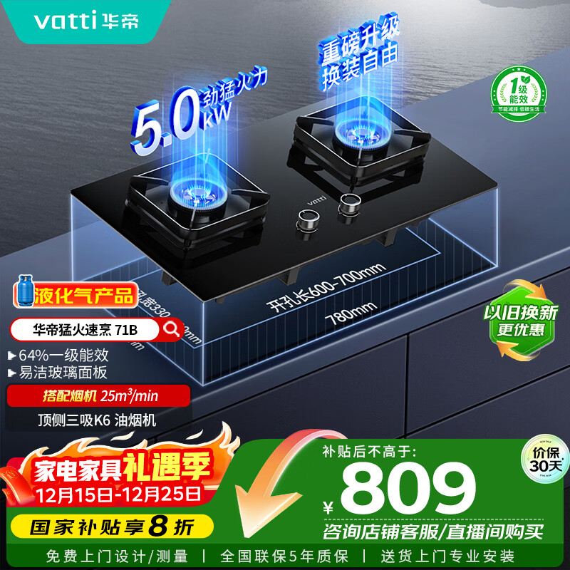 华帝（VATTI）国家补贴20%燃气灶煤气灶台式嵌入式5.0kW猛火熄火保护一级能效双灶台灶具i10071B【液化气商品