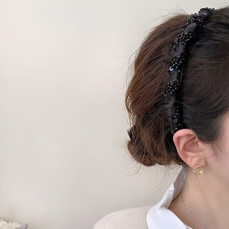 【厂家直供】小众新款手工串珠感轻奢波浪发箍专用颅顶头箍小香风 1 黑色绕珠发箍