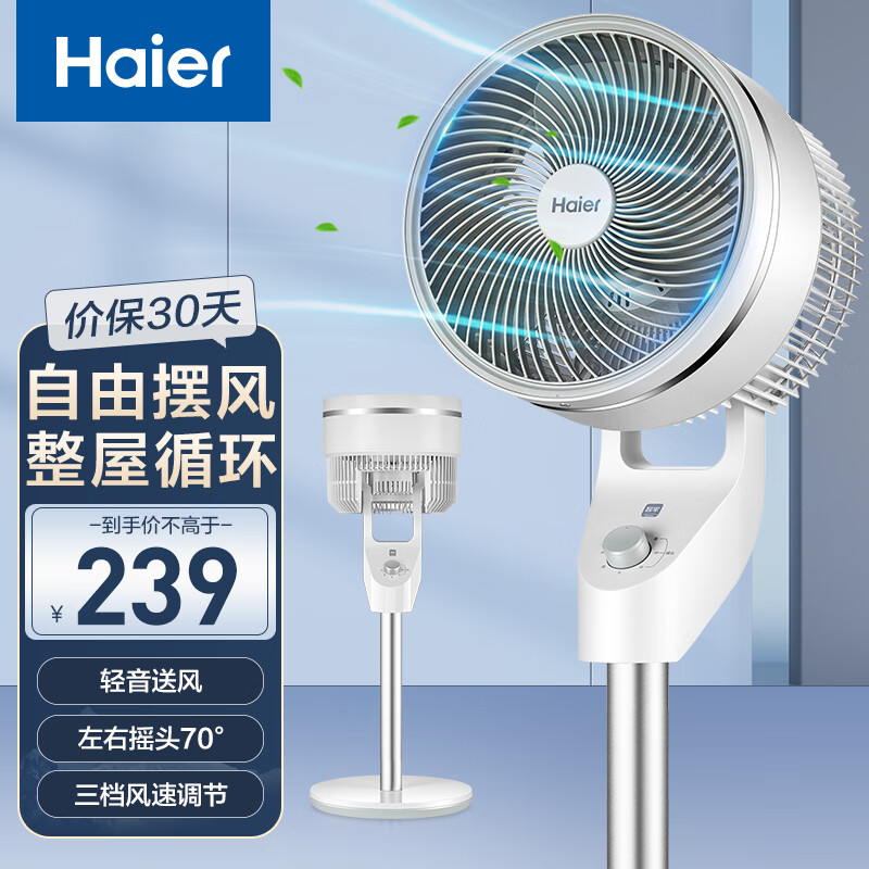 海尔（haier）家用空气循环扇涡轮换气扇大风量落地扇可拆洗循环对流电扇轻音节能摇头电风扇  HFX-LJ2021