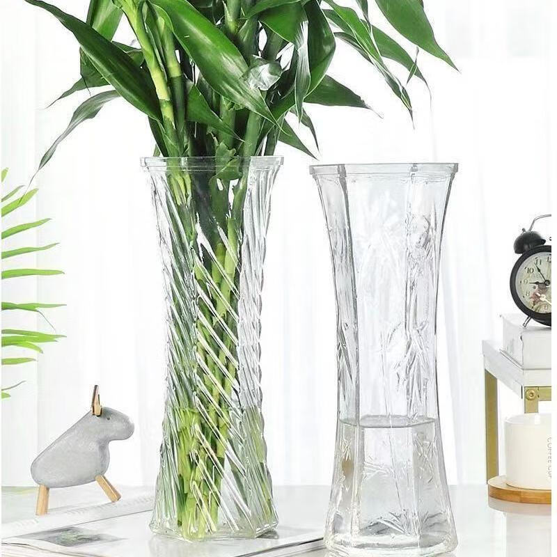 OYKTN玻璃花瓶透明水养富贵竹花瓶百合鲜花干花插花瓶客厅摆件家用大号 高30厘米【竹叶款】1个装