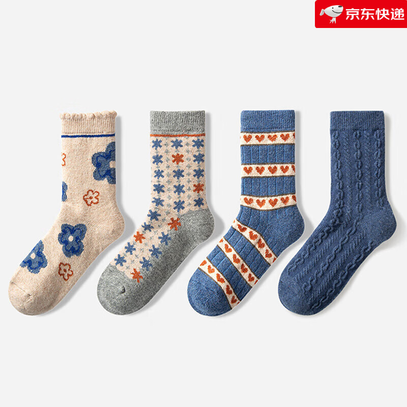 耐尔（NAIER）绵羊毛袜子女秋冬长袜加厚保暖复古百搭中筒袜ins潮堆堆袜 【爆品-装】复古花朵-绵羊毛 4双 均码 女_35-39保暖羊毛袜_加购送