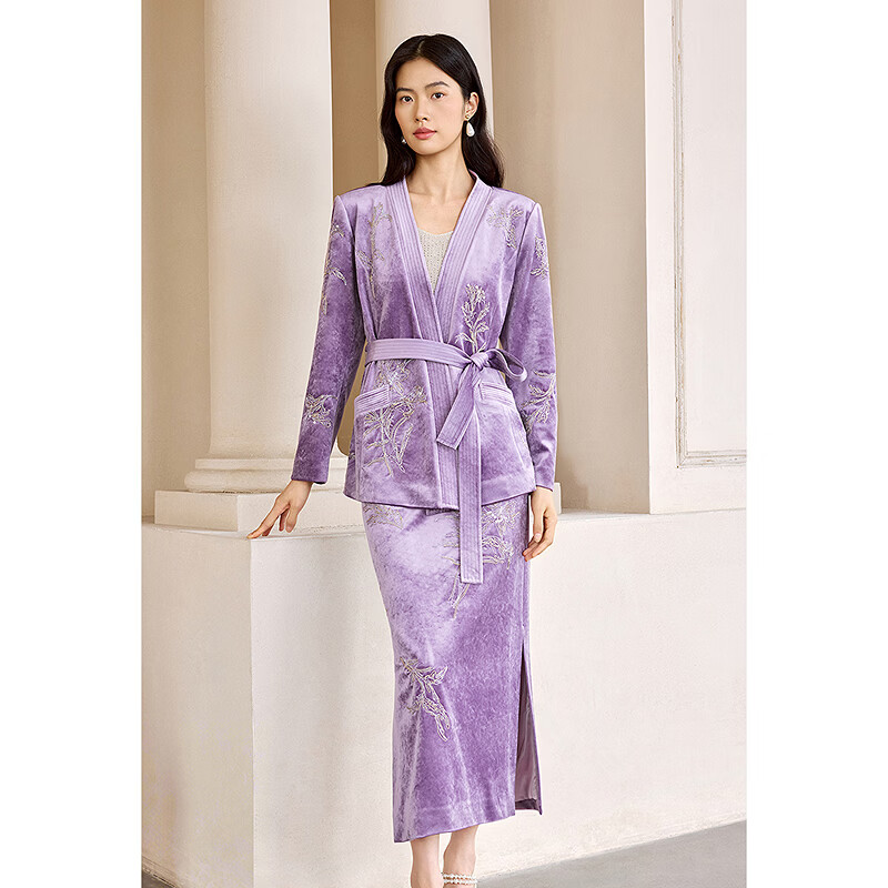 OBBLIGATO奥丽嘉朵2026早春新款刺绣高腰醋酸新中式丝绒半身裙 深紫单裙 S