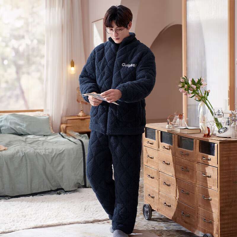 芬腾【清仓】情侣珊瑚绒夹棉睡衣女士冬季三层加厚男抗静电家居服套装 FX25950394深兰【单男款】 2XL 建议:女142-160,男166-185斤