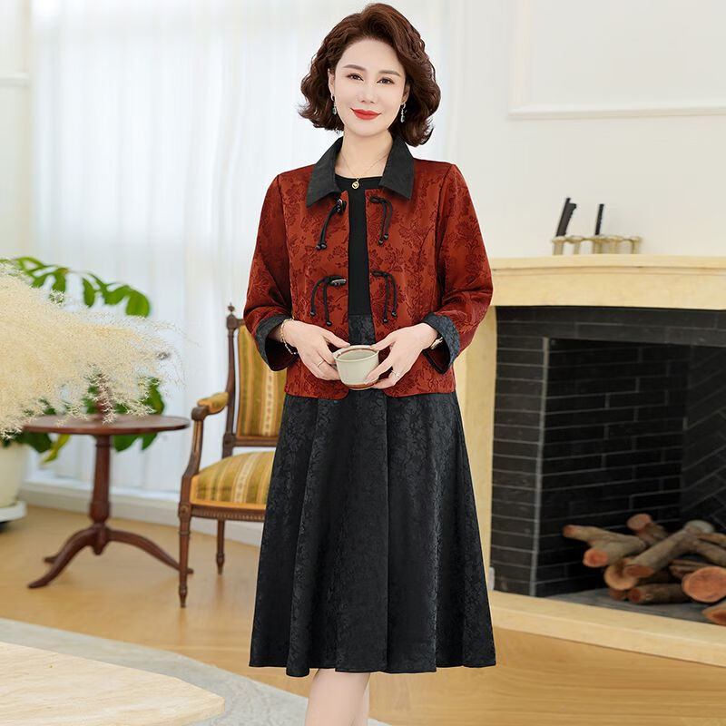 中国风妈妈装提花连衣裙套装中老年女装气质新中式外套裙子两件套 安哥拉红套装 【外套+裙子】 XL 【建议80-105斤】