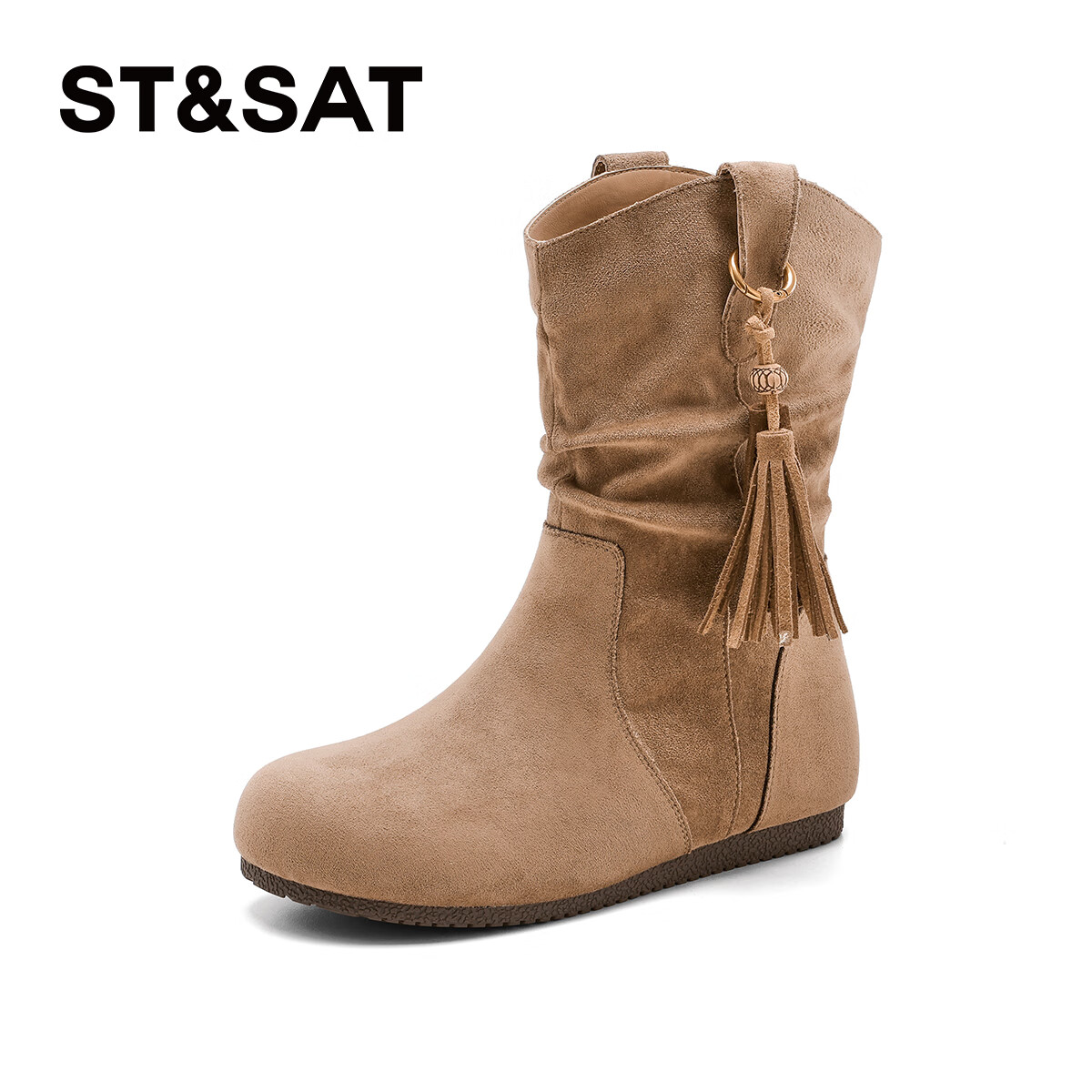 星期六（St&Sat）勃肯短靴女2025新款秋季复古棕色美拉德靴子西部牛仔堆堆靴 卡其色 35 225