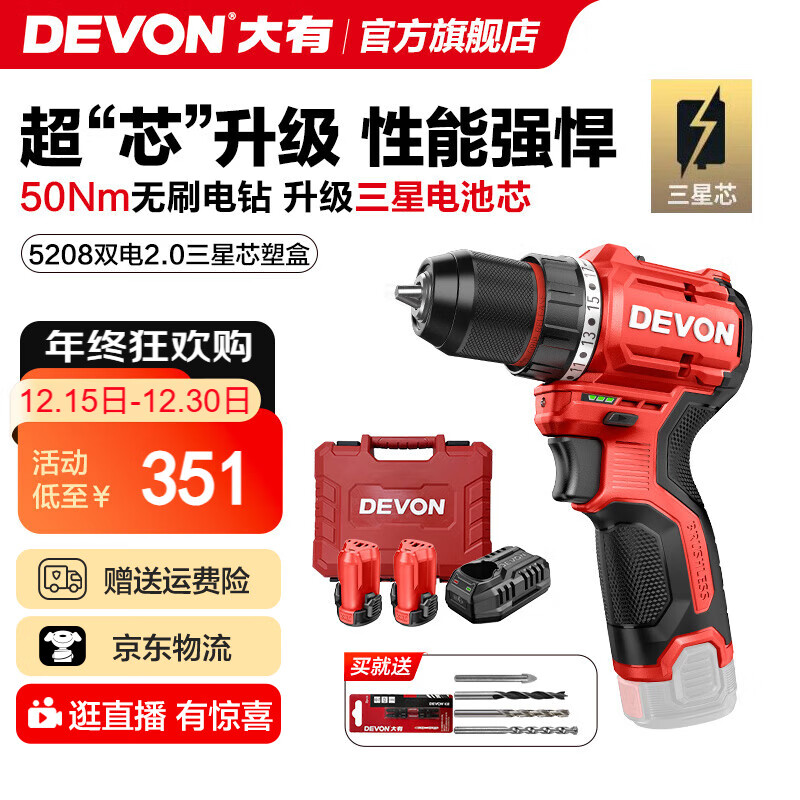 大有（Devon）12V锂电无刷电钻5208手电钻冲击钻5209电动螺丝刀家用电钻DD121 5208 2.0Ah双电塑盒|三星芯