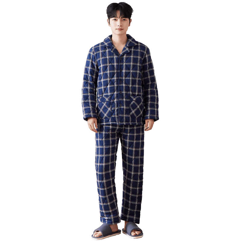 韓彩睡衣男三層夾棉加厚保暖秋冬情侶省服男士家居服套裝蘭色格子 L