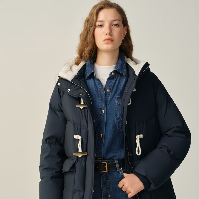 ELAND衣恋羽绒服女时尚带帽长袖鸭绒外套2025冬季新款 藏青色(59)Navy M /165