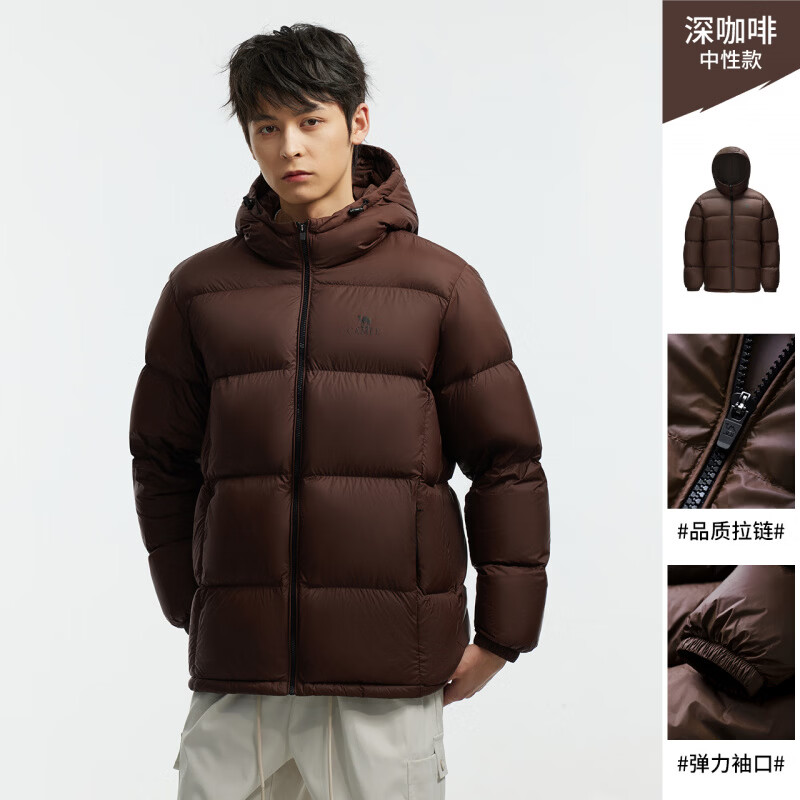 骆驼小太阳男装羽绒服秋冬加厚鸭绒情侣短款黑色面包服外套户外男 深咖啡，男女同款（女生拍小一码），A1W2PN12 XS