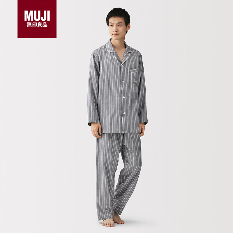 MUJI男式无侧缝双层纱织睡衣家居服 藏青色条纹6s XL