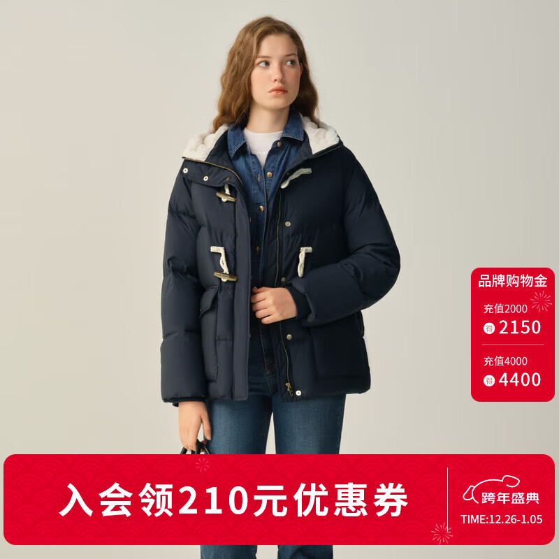 ELAND衣恋羽绒服女时尚带帽长袖鸭绒外套2025冬季新款 藏青色(59)Navy M /165