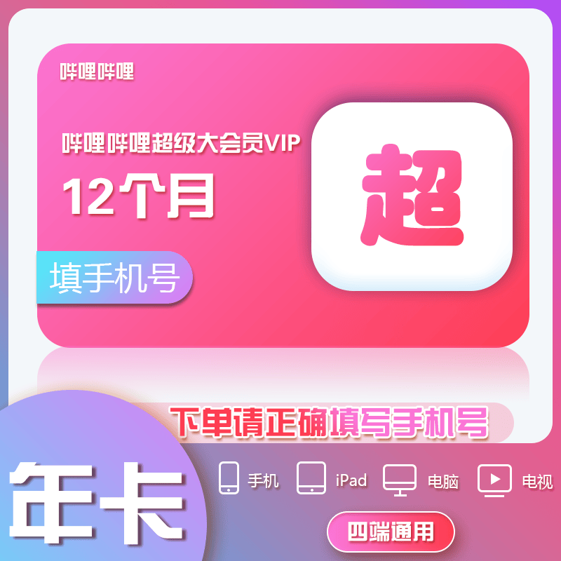 【自动充值】bilibili超级大会员年卡 哔哩哔哩哔站超级大会员12个月B站超级会员 填写手机号直充 支持电视端