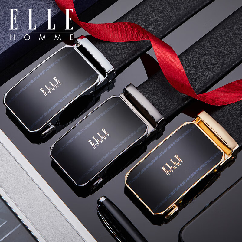 ELLE HOMME法国男士皮带男头层牛皮男士腰带真皮自动扣圣诞礼物送男友老公 【专柜礼盒】902079A金色/细纹带身 110cm -130默认随机(可修剪)