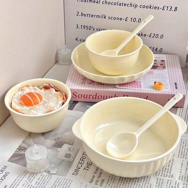 咏夏奶fufu高颜值釉下彩陶瓷餐具套装家用陶瓷饭碗组合汤碗圆盘家用 4件套【8寸盘+米饭碗+勺子+筷子】-奶黄