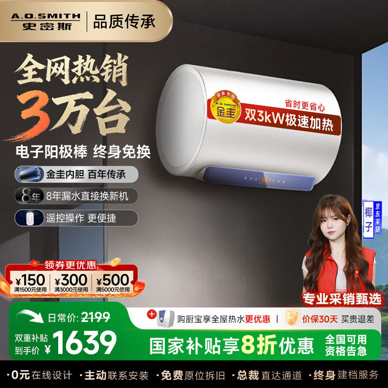 史密斯（A.O.SMITH）佳尼特电热水器 家电国家补贴 免换镁棒 双3kW速热 无线遥控 储水式家用洗澡 一级能效JC1 60L 3000W 短款