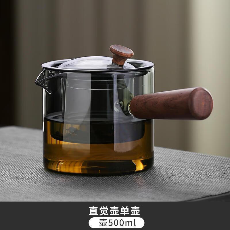 简漾耐高温玻璃茶壶套装茶盘家用办公室小型喝茶轻奢茶具耐热功夫茶杯 500毫升直觉壶单壶-透黑