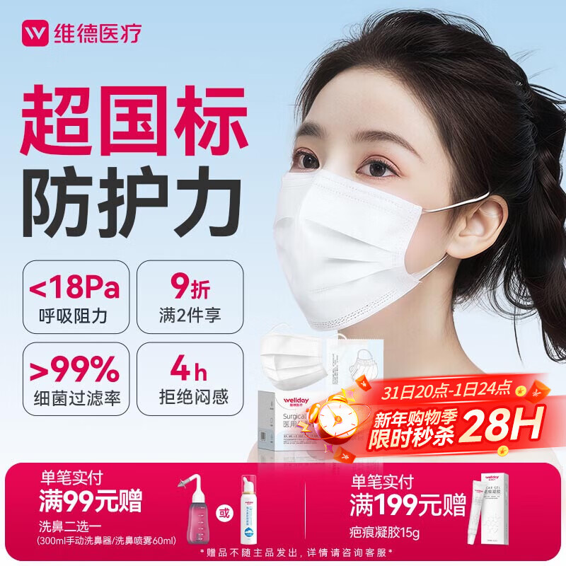 维德（WELLDAY）一次性医用外科口罩50只独立装白色防沙尘保暖防鼻炎过敏灭菌级