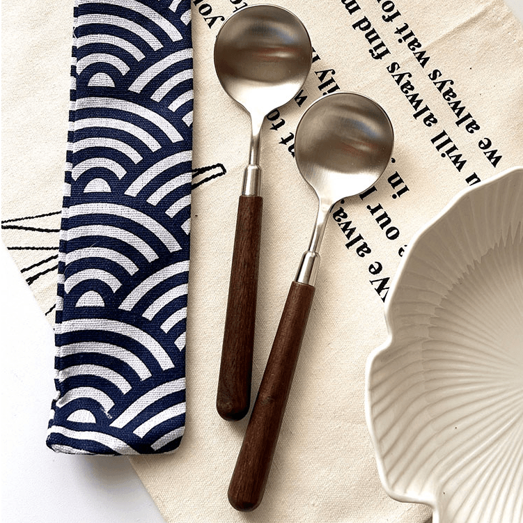 新款ins高颜值不锈钢勺子黑胡桃色仿木纹长柄木柄圆勺家用西餐勺 长柄圆勺【4个装】 无规格