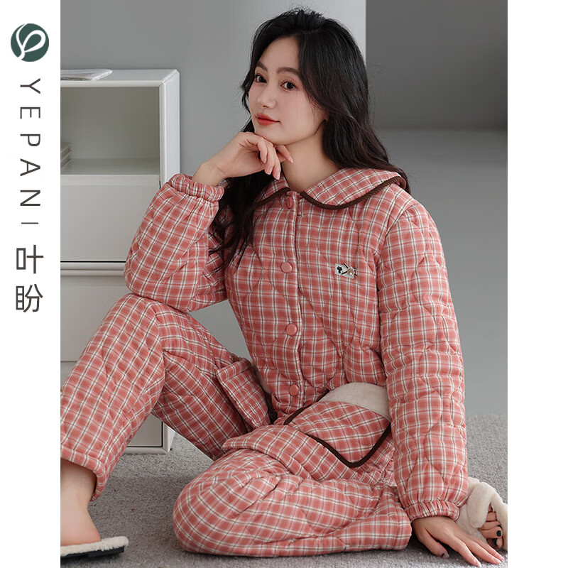 叶盼（yepan）【保暖】梭织纯棉夹棉睡衣女士冬季三层加厚加绒棉袄女家居服套装 68045-桃粉 M (160) ：建议90-110斤穿着