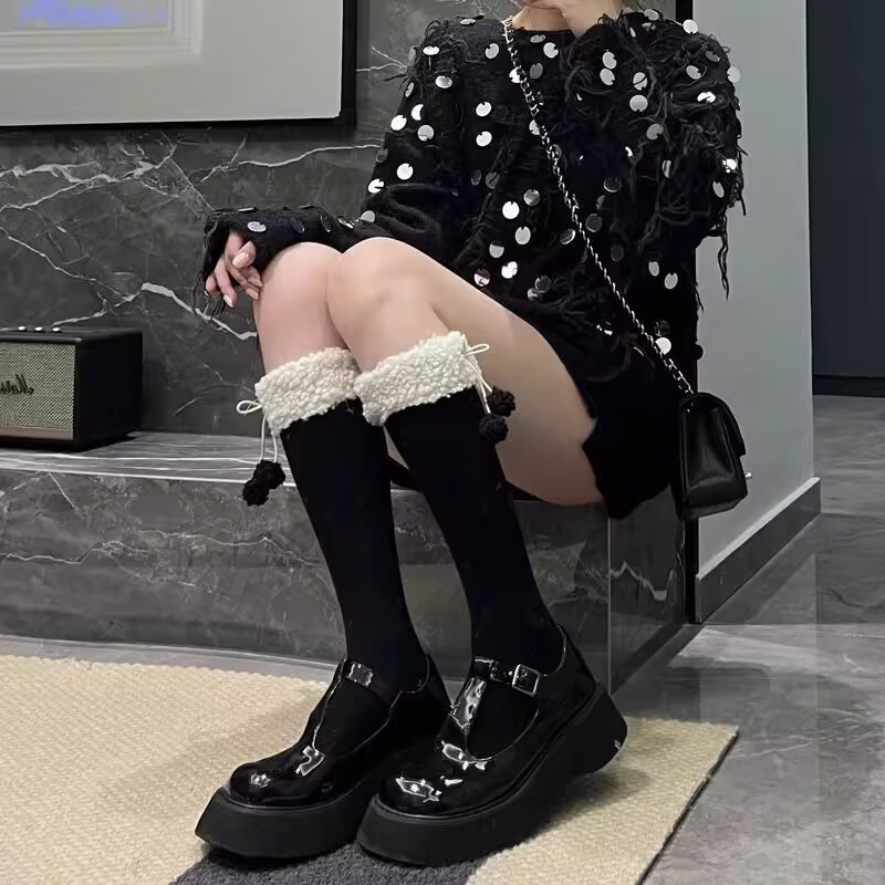 朋意过膝美腿袜子毛球加绒lolita女秋冬季长筒加厚日系jk小腿袜洛丽塔 小腿袜+过膝袜【奶白色】 均码