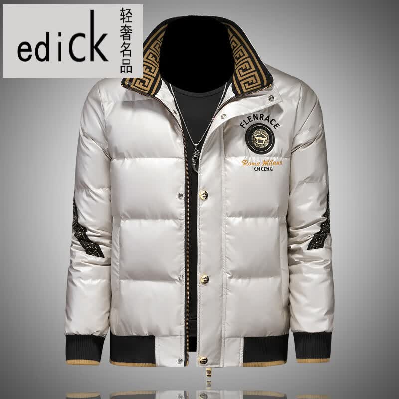 Edick意大利风品牌新款高端潮羽绒服男士短款刺绣立领加厚防水保暖外套 香槟色 M