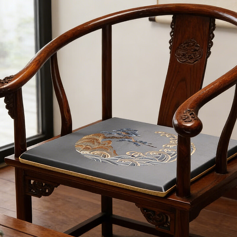 大唐梦新中式茶椅垫坐垫红木椅子垫防滑圈椅太师椅官帽椅座垫四季通用 望海松 深蓝【高精密/防水/防滑/刺绣】 坐垫：【含3cm厚海绵】长45*深38cm