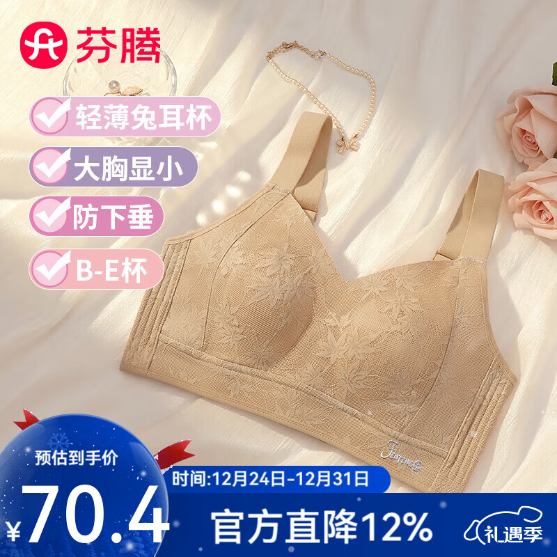 芬腾无钢圈文胸罩内衣女【兔耳薄杯大胸显小】蕾丝防凸点收副乳 深肤色 2XL