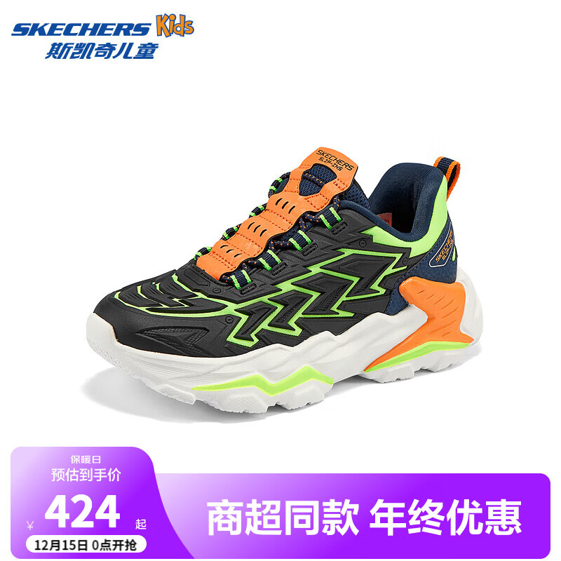 Skechers斯凯奇男童一脚蹬闪穿运动鞋儿童防滑减震机甲潮流童鞋403893L 黑色/柠檬色/BKLM 36