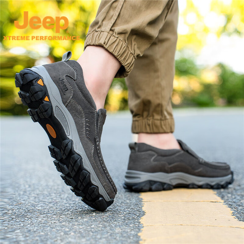 JEEP吉普秋冬男士一脚蹬大码中老年户外软底老人防滑透气爸爸鞋 黑色 41 (255mm) 皮鞋码数