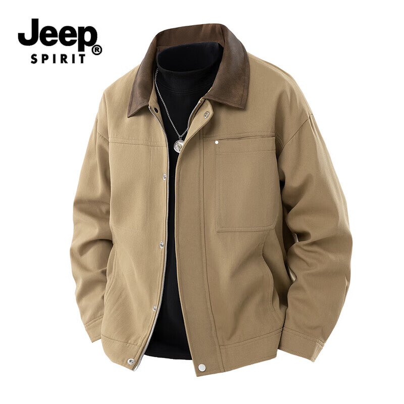 JEEP SPIRIT吉普外套男士春秋季新款百搭翻领工装男士山系夹克复古男装 卡其色 2XL