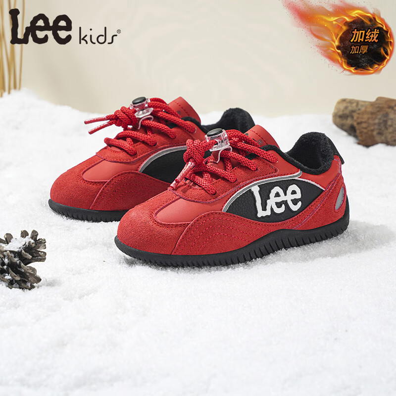 Lee童鞋冬季新款儿童跑步鞋学生休闲板鞋加绒运动鞋男女童 红色 36 【建议脚长221mm】