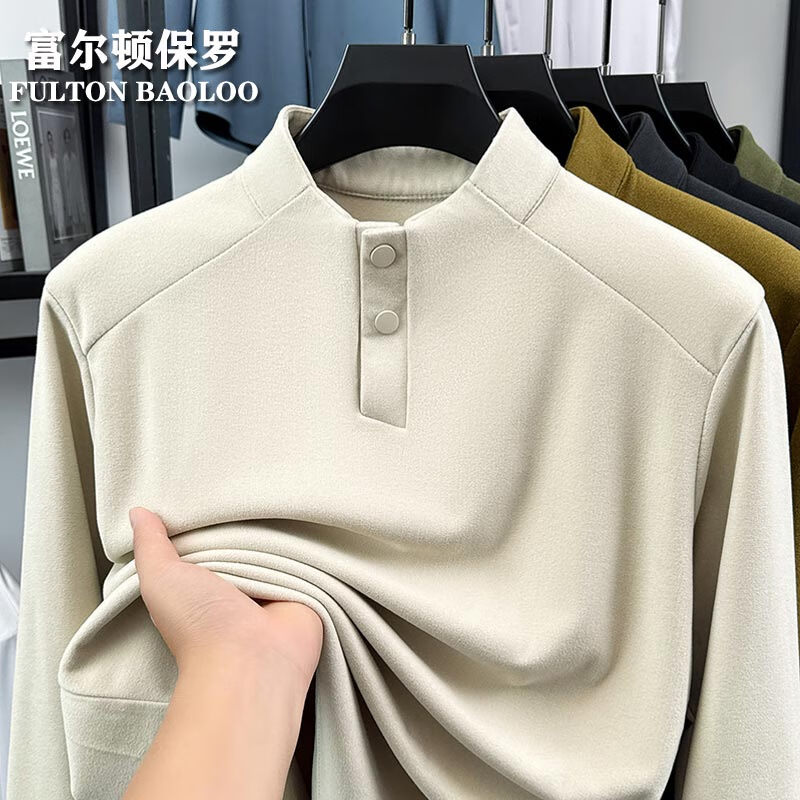 FULTON BAOLOO 富尔顿保罗男士德绒长袖t恤秋冬季保暖纯色打底衫中青年半高领百搭体恤衫潮 米色 L （建议120到140斤穿）